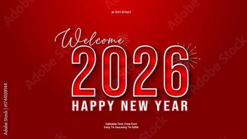 Happy New Year 2026 3D Text Effect on Red Background