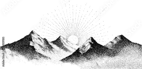Intricate dotwork stippling illustration of layered mountains with sunburst effect