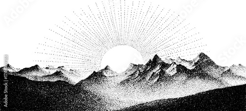 Intricate dotwork stippling of layered mountains and radiant sunburst