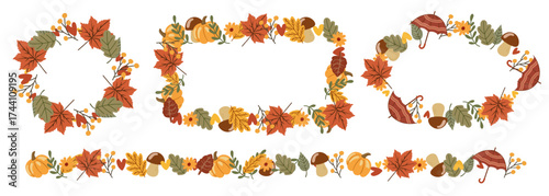 Autumn vector frame set. Hand-drawn doodle borders, autumn leaves, pumpkin, flowers. arranged in a circle for stickers, banners, cards, announcements. Vector flat isolated on white background.
