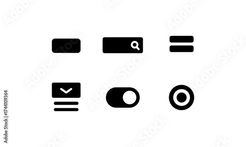 Essential minimalist ui elements: buttons, toggles, and icons in black and white