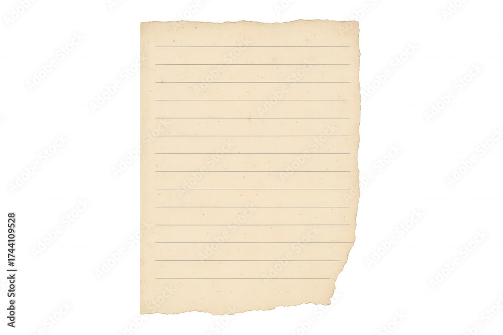 Fototapeta premium Old lined paper torn piece, vintage note sheet with ragged edges, aged memo pad texture, transparent background