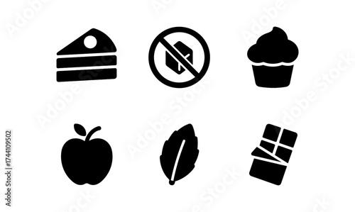 Minimalist food icons: cake, no peanuts, cupcake, apple, leaf, chocolate