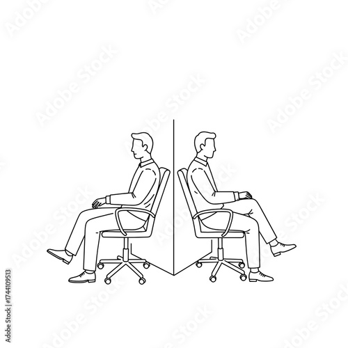 simple vector sketch illustration of a Office workers sitting back-to-back with laptops open in minimalist style for conflict resolution concept
