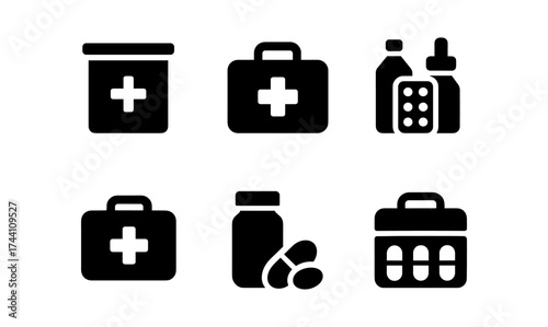 Minimalist medical icons set: first aid kits and medication bottles