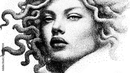 Detailed stipple dotwork illustration of medusa with flowing hair for artistic design