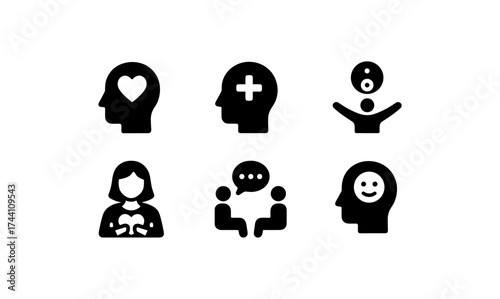 Mindfulness and mental health icon set: self-care and wellbeing symbols