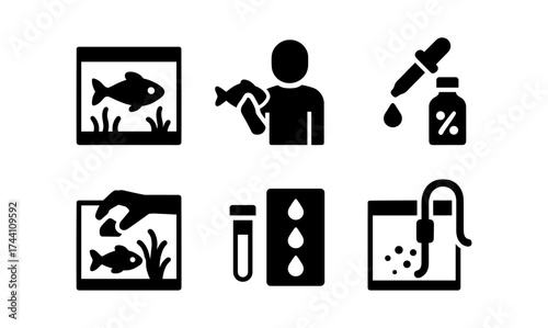 Aquarium care icons: fish tank maintenance and water testing symbols