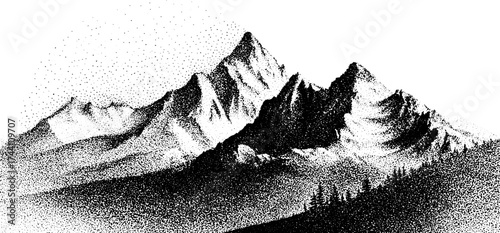 Majestic mountain peaks in detailed dotwork stippling illustration