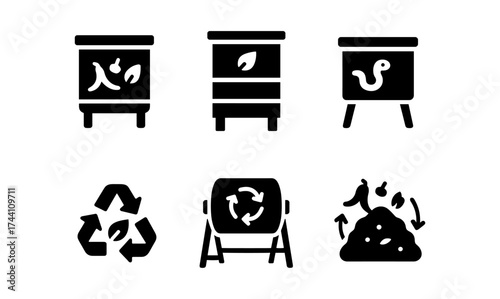Sustainable composting icons: eco-friendly waste management symbols in flat style