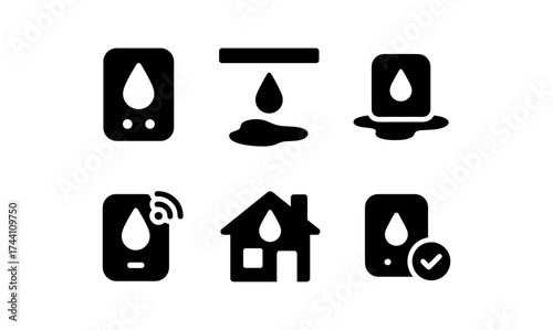 Water leak detection icons set in solid minimalist style