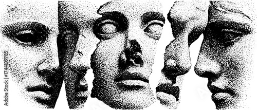 Intricate dotwork illustration of fragmented classical sculptures with stipple effect for art and design