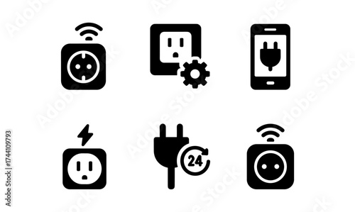 Smart plug icon set: modern electrical symbols in black silhouette style