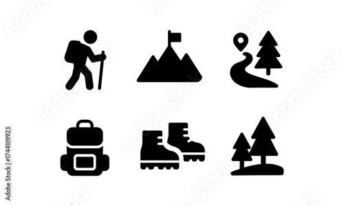Hiking icon set: minimalist silhouettes for outdoor adventure and navigation