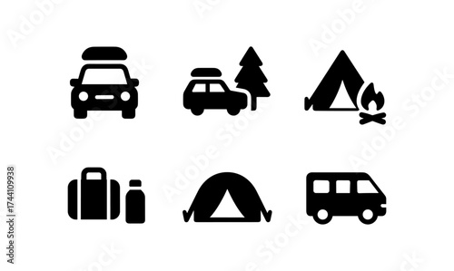 Camping icons set: car, tent, campfire, and camper van in simple silhouette style