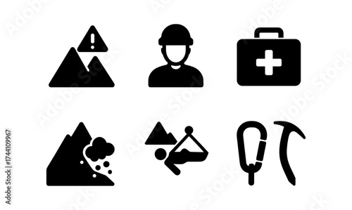Safety icons for mountain and climbing: alert, first aid, and equipment