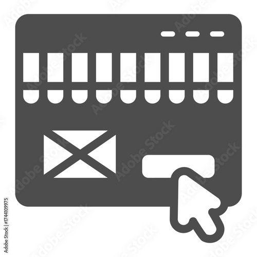 Store page with button, mouse pointer solid icon, cyber monday concept. Vector graphics. Website of shop with cursor sign on white background, glyph style icon for mobile or web design.