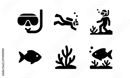 Diving adventure icons: snorkeling, underwater exploration, marine life silhouettes