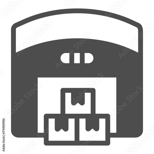 Warehouse with goods boxes solid icon, cyber monday concept. Vector graphics. Garage and product packages, building sign on white background, glyph style icon for mobile or web design.