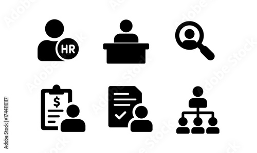Human resources icons: simplified hr management elements in black silhouette style