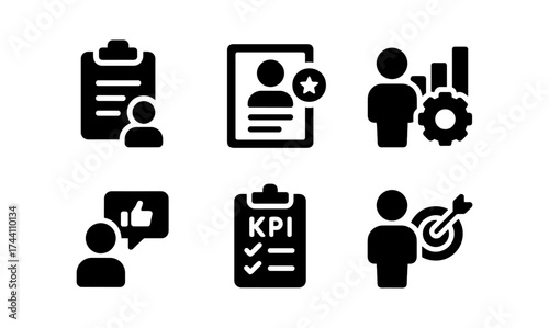Six black icons depicting business and performance metrics in simplistic style