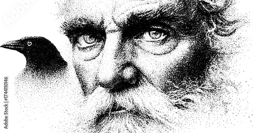 Intricate dotwork stipple art of odin with raven companion for mythology enthusiasts