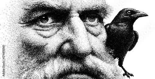 Intricate dotwork stippling art of odin with one eye and raven companion