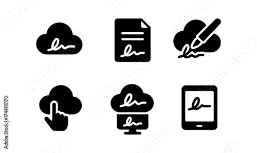 Digital signature icons set with cloud and document symbols