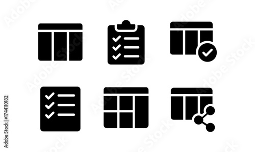 Minimalist icon set of checklists and grids for task and project management