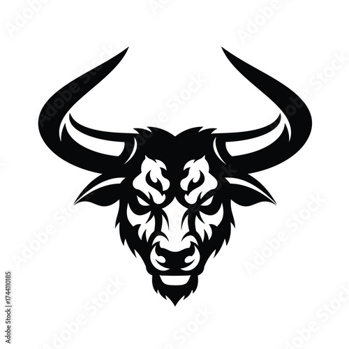 Black bull head logo on white background Keywords: bull, head, logo, black, white, animal, wild