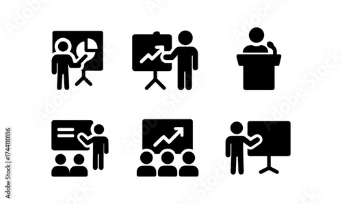 Business presentation icons set featuring silhouettes of speakers and charts