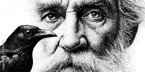 Norse mythology odin portrait with raven in dotwork stipple style for art and design