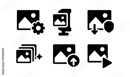 Monochrome image editing icons for digital media management