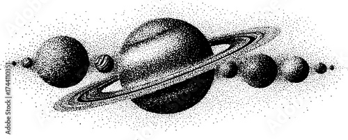 Cosmic journey through overlapping planets in detailed dotwork art