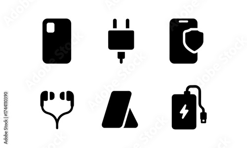Silhouette icons of mobile accessories: headphones, charger, and protective cases