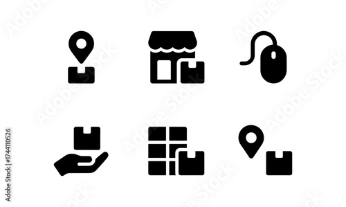 Set of delivery icons featuring location, storefront, hand, and parcel symbols