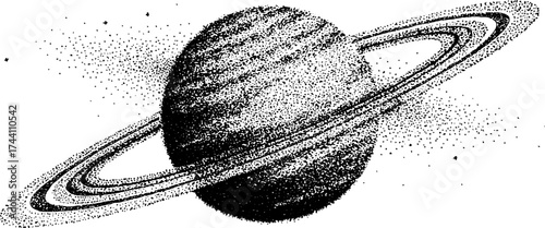 Intricate dotwork stippling illustration of planet with ringed orbit for artistic design