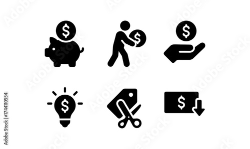 Money saving icons set: finance symbols for budget and discounts