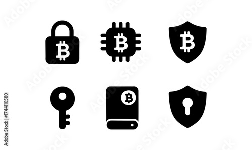 Cryptocurrency security icons set featuring lock, key, circuit, and shield