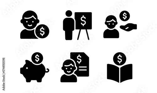 Black silhouette icons depicting financial education and savings