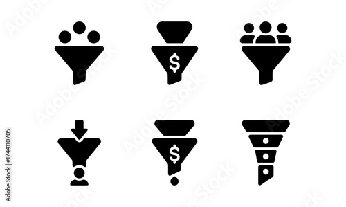 Business funnel icons: simplified conversion and marketing symbols