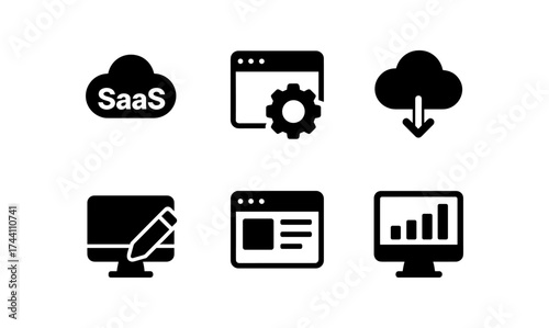 Saas and cloud computing icon set: monochrome tech symbols for web and app design