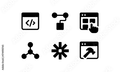 Black minimalist icons for web development and automation tools