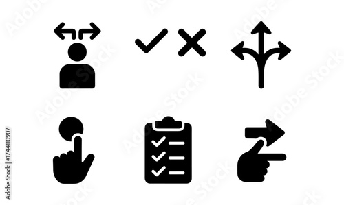 Decision icons set: choices, checkmarks, directions, and selections in bold silhouette style