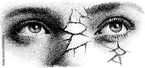 Intricate dotwork stipple art of shattered mirror with eyes