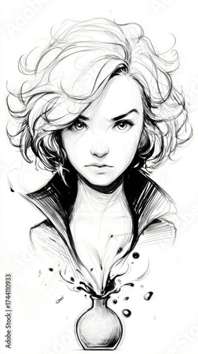 Artistic ink sketch of a determined woman with short curly hair emerging from a bottle, representing strength and magic