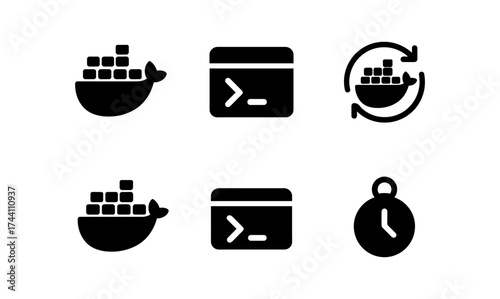 Container and devops icons: simplified black silhouettes for technology designs