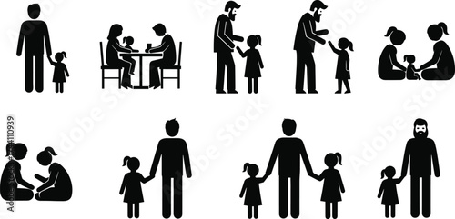 Set of eight black silhouette illustrations showing adult and child interaction scenes including talking, playing, sitting, and walking together