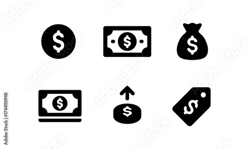 Minimalist money and currency icons set in black