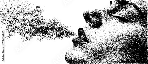 Artistic stipple effect portrait of smoke exhaling from woman's face for creative design concepts